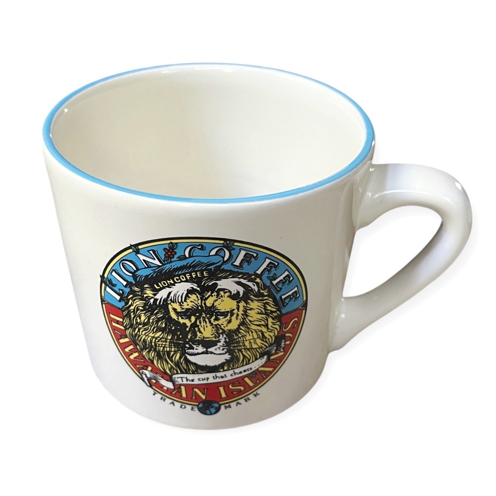 RARE Vintage Lion Coffee Hawaiian Island Advertisement Mug, Blue Rim - Picture 2 of 7